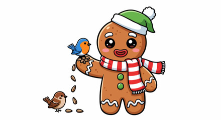 Cute Gingerbread Man Feeding Birds Winter Holiday Illustration.