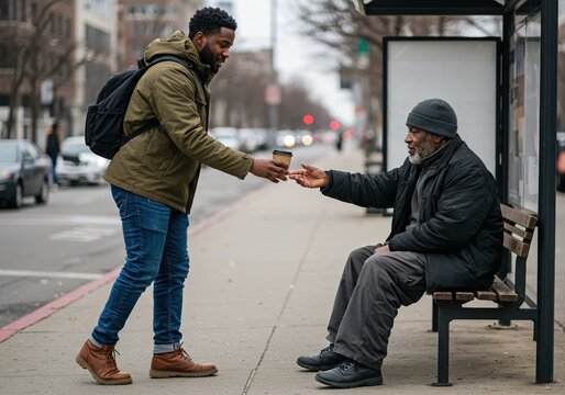 kind act young man giving hot drink to homeless man at bus stop on cold urban street