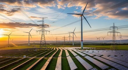 Renewable Energy Landscape Wind Turbines, Solar Panels, and Power Lines at Sunset