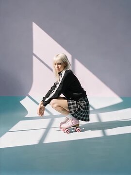 Young woman in black tracksuit and plaid skirt sits on pink roller skates against pastel background