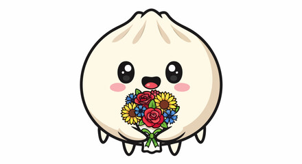 Cute Kawaii Dumpling Character Holding a Bouquet of Flowers.