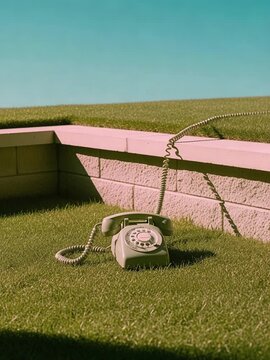 Vintage Rotary Phone on Grassy Knoll, Pastel Color Palette