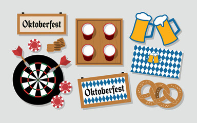 Flat lay illustration of oktoberfest elements with beer and pretzels