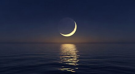 Serene Crescent Moon Reflected Over Calm Ocean Horizon at Twilight Scenery