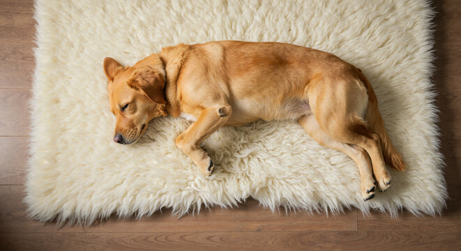 Small brown dog sleeping curled up on white fluffy rug beside wooden floor. Pet comfort and home decoration for animal care services and cozy interior design - Powered by Adobe