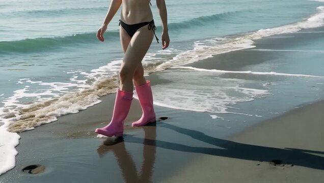 Woman in Bikini and Pink Rubber Boots Walking on the Beach