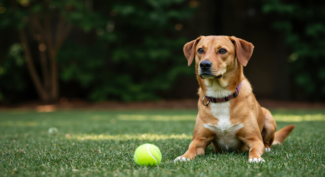 Brown mixed breed dog sitting on grass with yellow tennis ball in park setting. Pet playtime concept for outdoor activity and canine exercise entertainment - Powered by Adobe