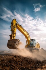 A powerful yellow excavator with a large metal bucket lifting soil and releasing dust under a dramatic cloudy sky at an active construction site.