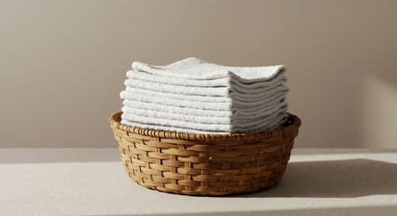 Stack of white washcloths folded in wicker basket on neutral background surface. Bathroom accessories and spa supplies for hotel services and home organization