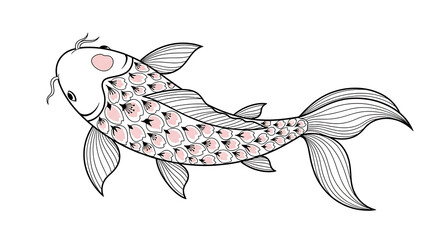 Elegant Outline Koi Fish with Cherry Blossom Pattern Illustration Artwork