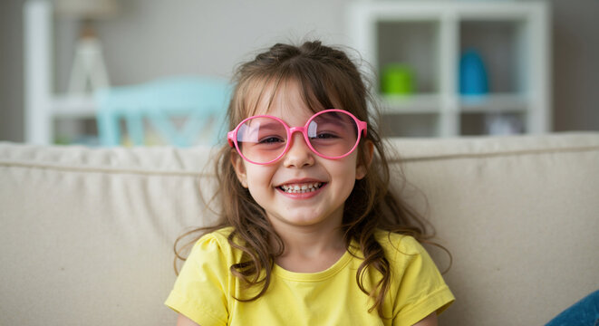 Happy girl wearing pink sunglasses and yellow shirt smiling in bright kitchen. Children fashion and eyewear for kids clothing stores and summer accessories marketing