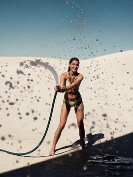Woman in Bikini Cooling Off with Garden Hose in Desert