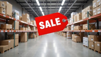 Warehouse interior with boxes and red sale tag in foreground  