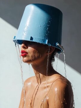 Woman with Blue Bucket on Head, Water Pouring