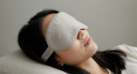 Woman with dark hair wearing beige sleep mask resting peacefully on white bedding. Sleep wellness concept for healthy rest and bedtime relaxation accessories