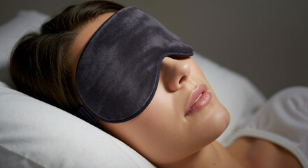 Woman wearing gray sleep mask resting peacefully on white pillow in bed. Sleep wellness and relaxation products for health services and bedroom comfort marketing