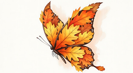 Watercolor Detailed Butterfly Wing with Autumn Oak Leaves Illustration