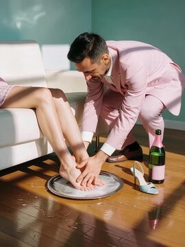 Man pouring rose champagne onto woman's feet in a silver tray