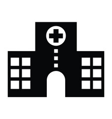 Obraz premium Silhouette of a hospital building with medical cross symbol and flag, outline vector illustration, isolated on black background, healthcare architecture icon design
