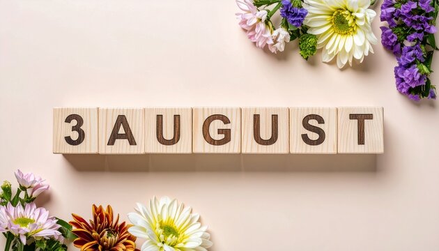 Wooden Blocks with Date 3 August. Floral Calendar – Vibrant Flowers on Solid Colored Background