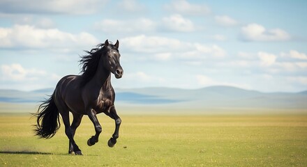 Black horse galloping across a vast grassy plain under a partly cloudy sky.