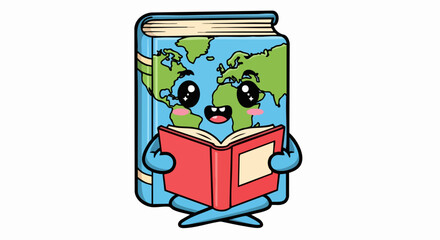 Cute cartoon world map book reading a story.