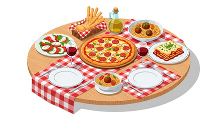 Flat Illustration Italian Food Feast on Round Table with Checkered Cloth
