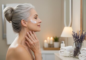 serene elderly woman applying moisturizer in spa-like bathroom with lavender decor