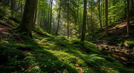 Sunlight Filtering Through Lush Forest.