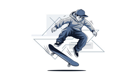 Obraz premium Skateboarder Performing Aerial Acrobatics Against Geometric Background Demonstrating Skillful Action