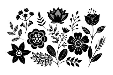 Boho Floral Collection Black Silhouette Vector Illustration on White Background