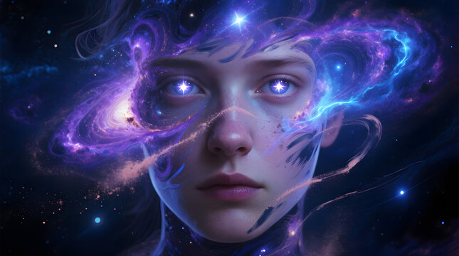 Person with a Cosmic Galaxy Face and Starry Eyes