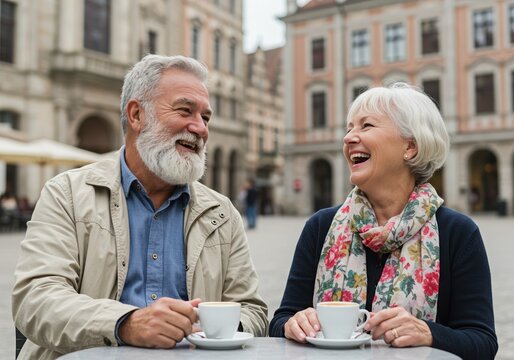 elderly couple laughing over coffee in sunny european square with historic architecture