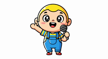 Obraz premium Happy cartoon boy singing with a microphone and waving his hand.