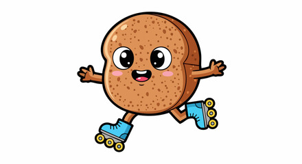 Cute cartoon bread slice happily roller skating.