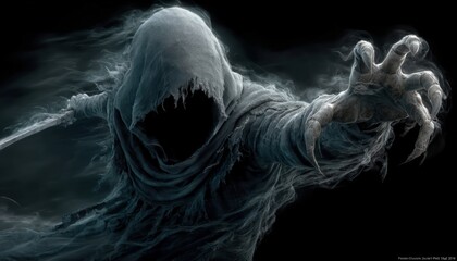 Grim reaper reaching forward on a dark background.