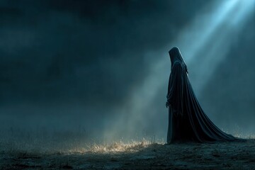 Grim reaper reaching from darkness with copy space