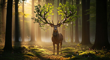Dreamy Digital Painting Deer with Blossoming Antlers in Sunlit Forest