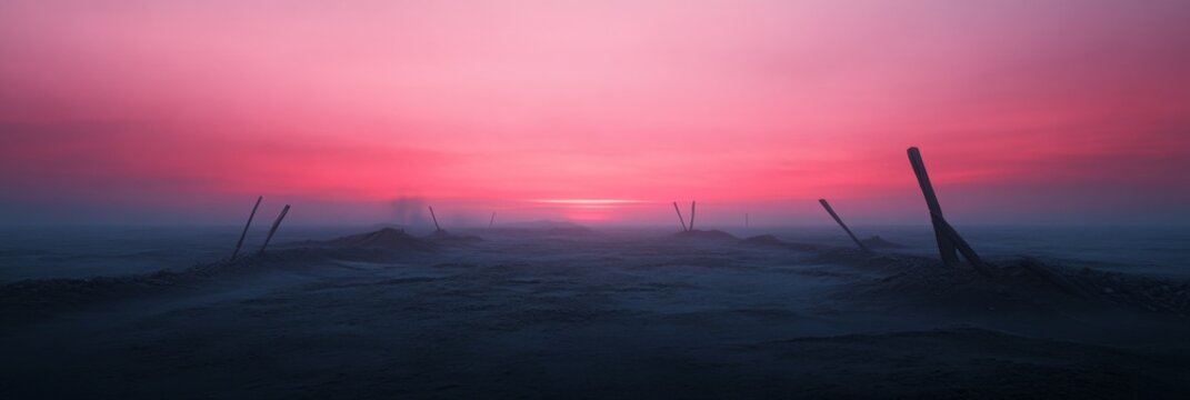 Serene sunset over misty desert landscape with wooden posts