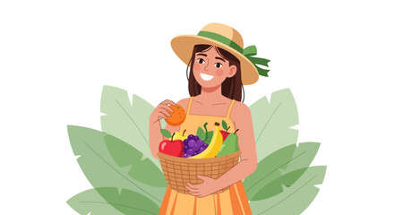 Smiling Woman with Basket Of Fruit Is Ready For Healthy Lifestyle Activities
