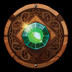 Majestic circular wooden ornament with a radiant green emerald and elegant carvings, a timeless design on a black background