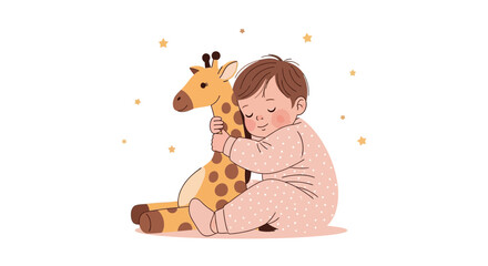 Sweet baby hugging a giraffe plush toy, illustrating love and childhood dream
