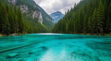 Serene Mountain Lake in a Lush Forest.