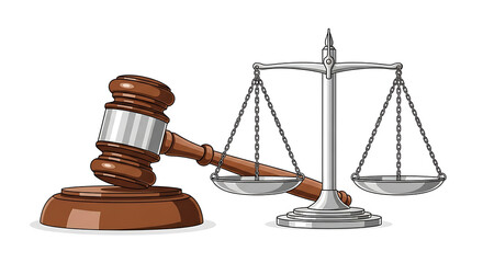 Detailed Cartoon Gavel and Scales of Justice Symbol Legal Icon