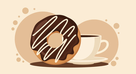 Sweet Chocolate Donut And Coffee Artfully Presented In A Simplified Illustration