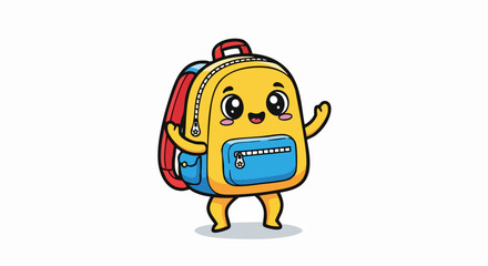 Fototapeta premium Cheerful cartoon backpack character waving hello ready for school.