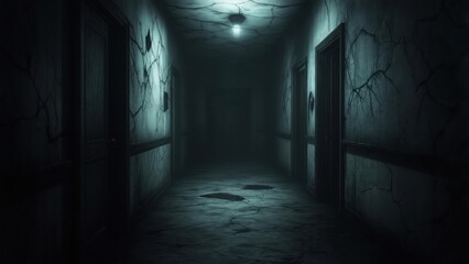 Haunted Asylum Corridor with Cracked Walls Under a Single, Eerie Light