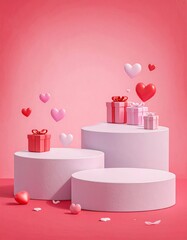 Three tiered, pastel-toned display stands, adorned with gift boxes and floating hearts, create a romantic and celebratory presentation.