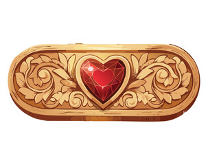 Detailed wooden and golden band with a heart-shaped red gem, a majestic design element with intricate filigree and a carved texture