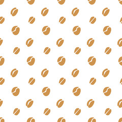 Seamless pattern of stylized coffee beans in a repeating arrangement on a white backdrop, perfect for cafe branding and packaging designs.